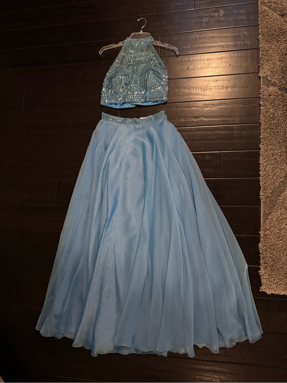 Sherri Hill Light Blue Beaded Halter Two-Piece Prom Skirt Set